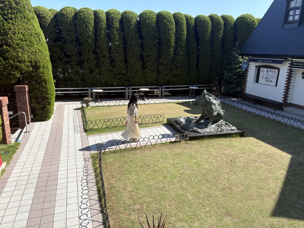 Famous wild boar statue at Uroko House in Kobe’ Ijinkan district, where visitors rub its nose for good luck.
