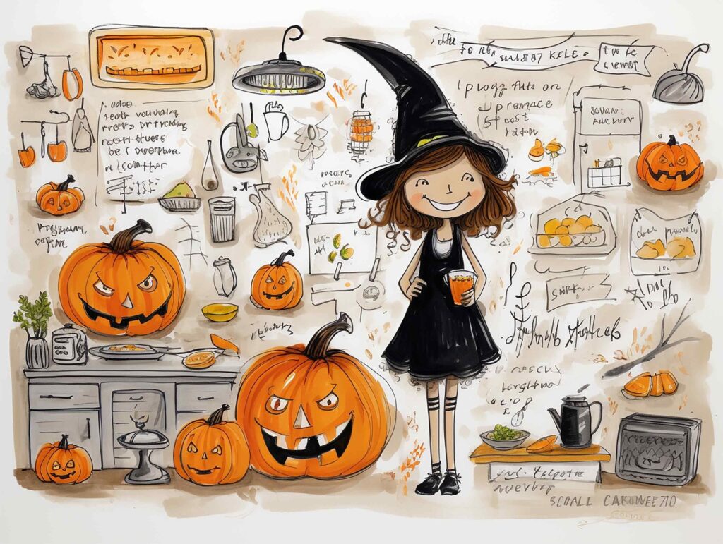 A cheerful Halloween illustration featuring a young witch, jack-o'-lanterns, and festive decorations.