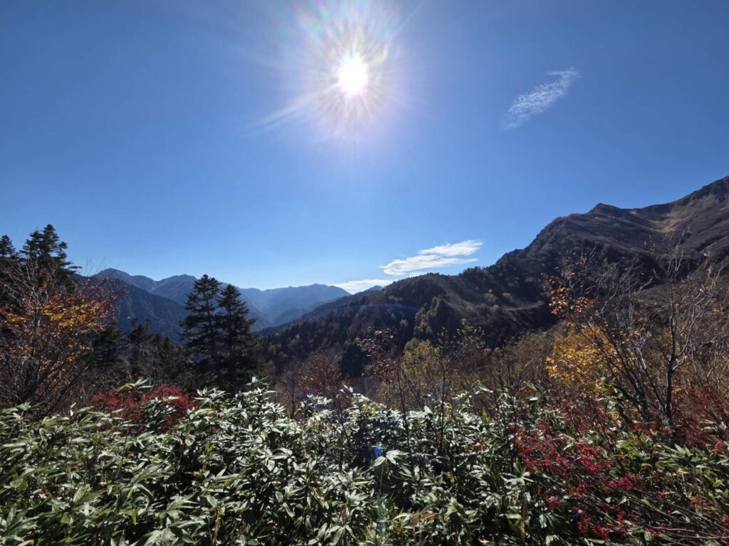 Colorful autumn foliage and beautiful mountain landscapes beneath a bright blue sky along the Tateyama Kurobe Alpine Route.