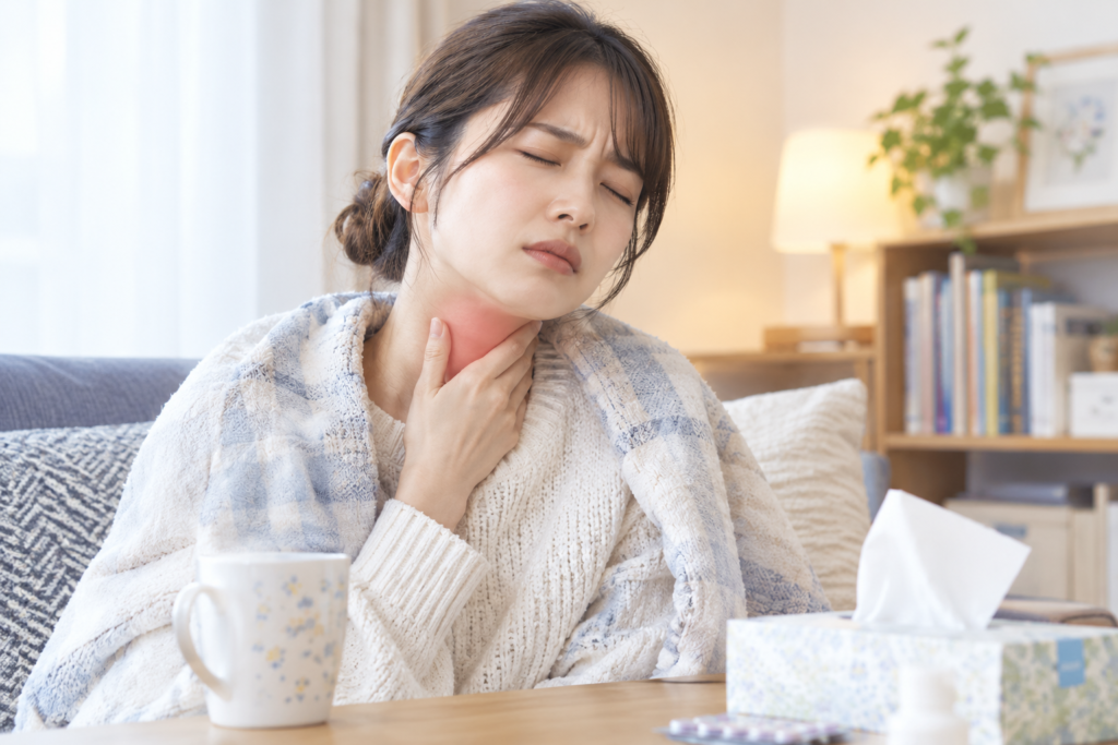 A woman experiencing a painful sore throat holds her neck while resting at home, illustrating symptoms that may require a visit to an ENT clinic.