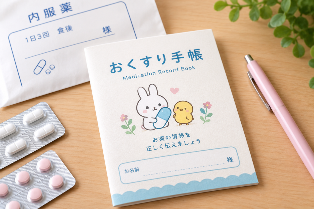 A Japanese medication record book, or Okusuri Techo, displayed alongside prescription medication and a medicine envelope.